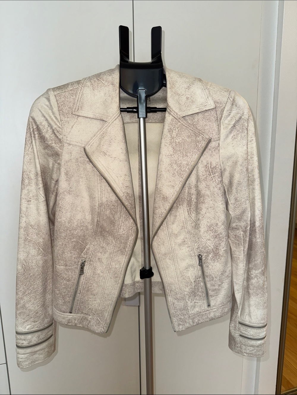 CHARLIE B Distressed Light Taupe Faux Suede Moto Jacket